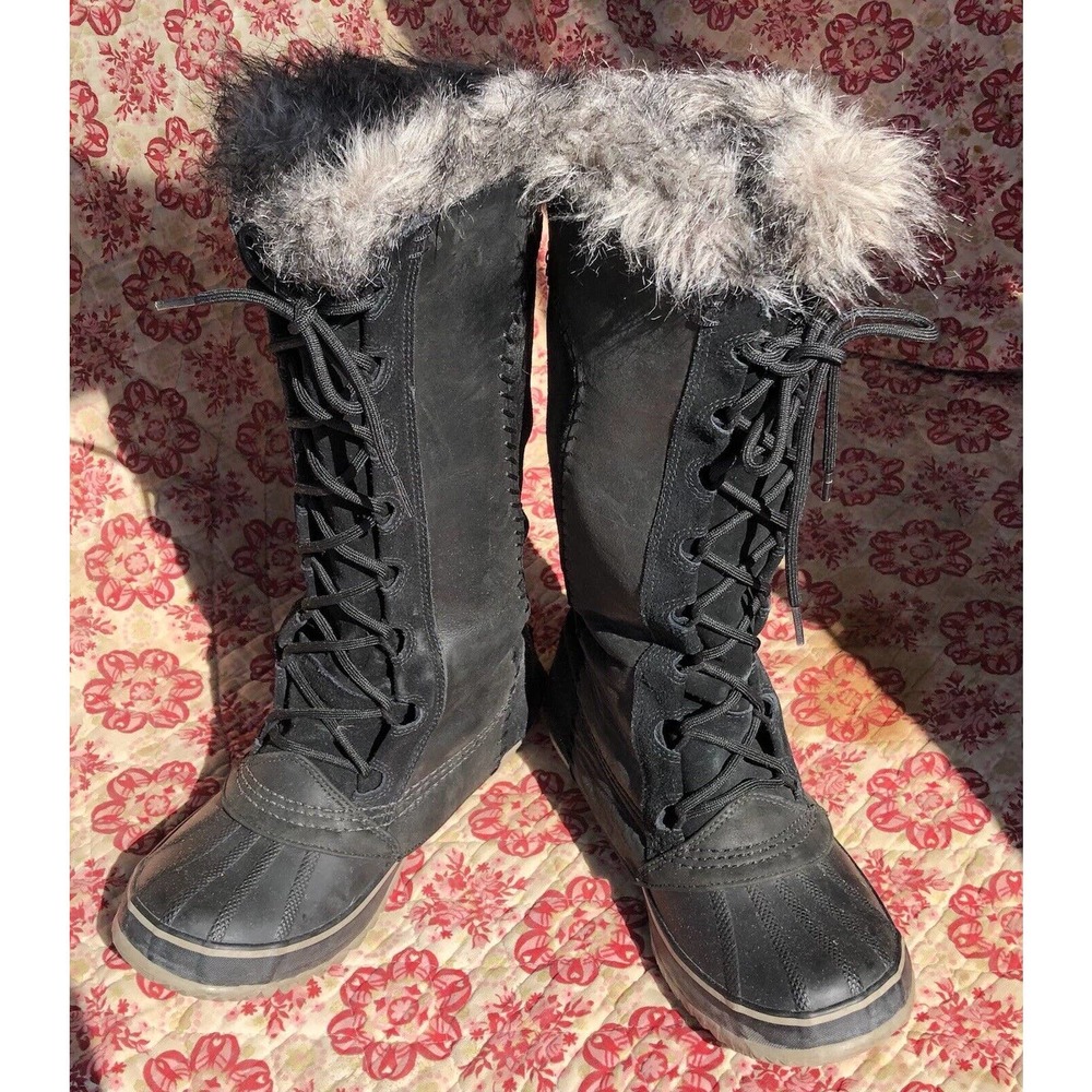 Sorel Joan of Arctic Women's Leather & Suede Black Boots - Gray fur, US 8